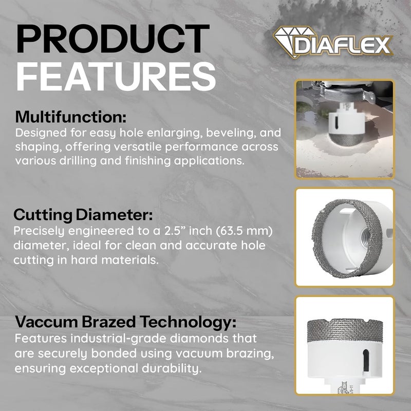 DIAFLEX Premium Brazed Core Bit – 2-1/2" Diamond Hole Saw for Porcelain, Ceramic, Stone, Dekton – 5/8"-11 Thread – Fast Clean Cuts – Vacuum Brazed – Wet or Dry Use - Image 4